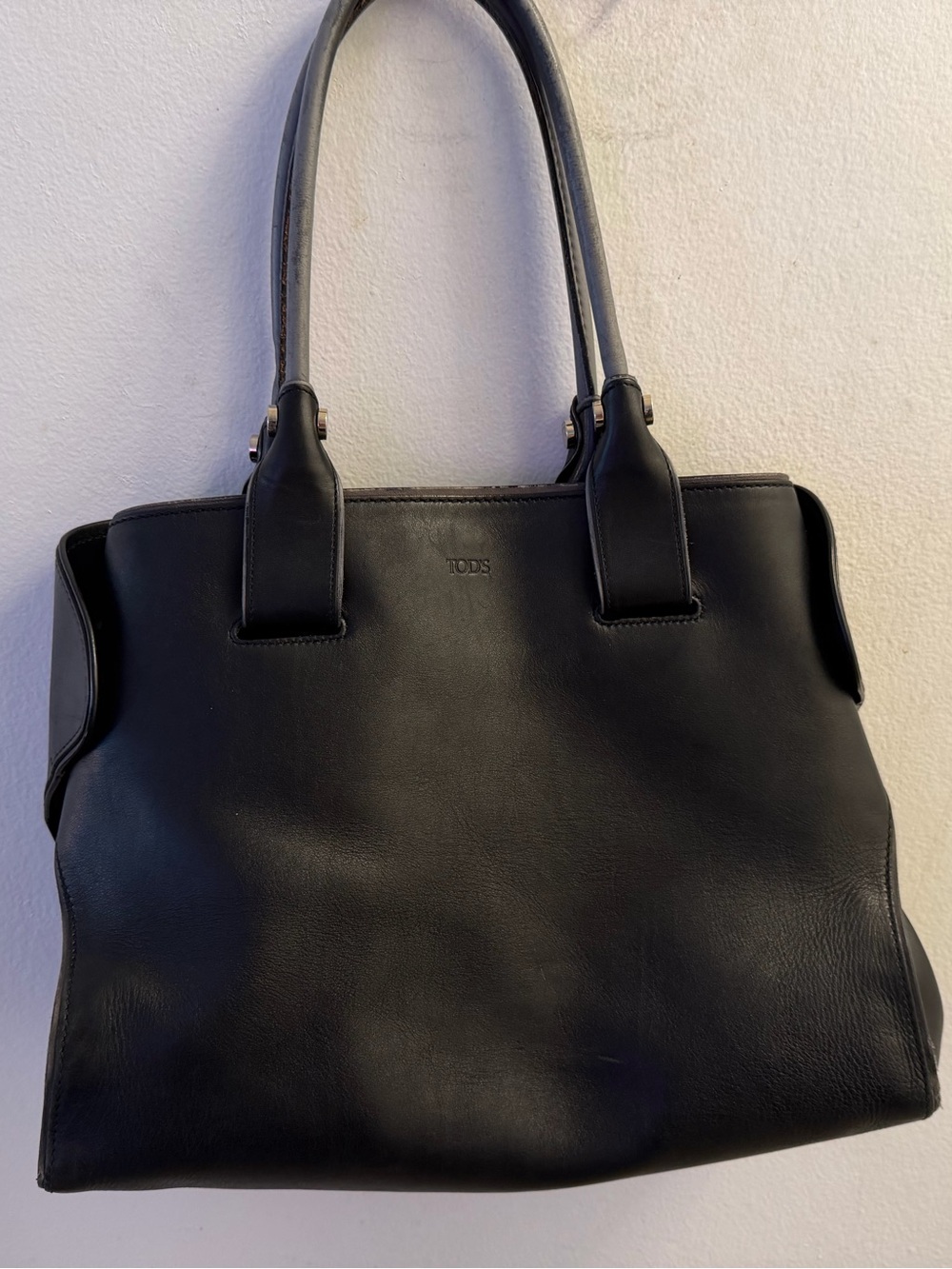 Vintage TOD'S Black Leather Shoulder Tote Bag Striped Lining Italy FAIR